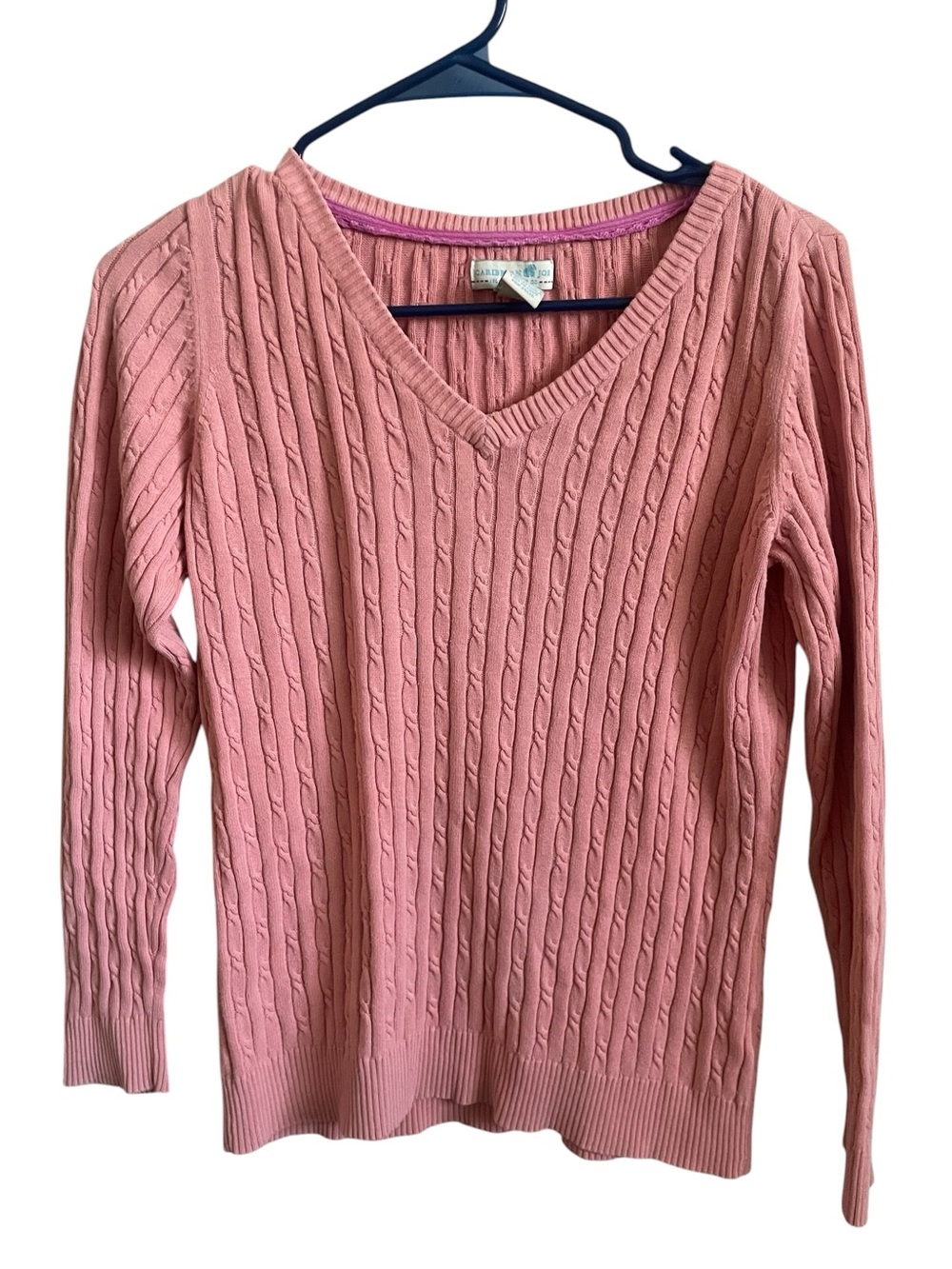 Vintage Caribbean Joe Light Coral Pink Cable-Knit V-Neck Sweater Size M